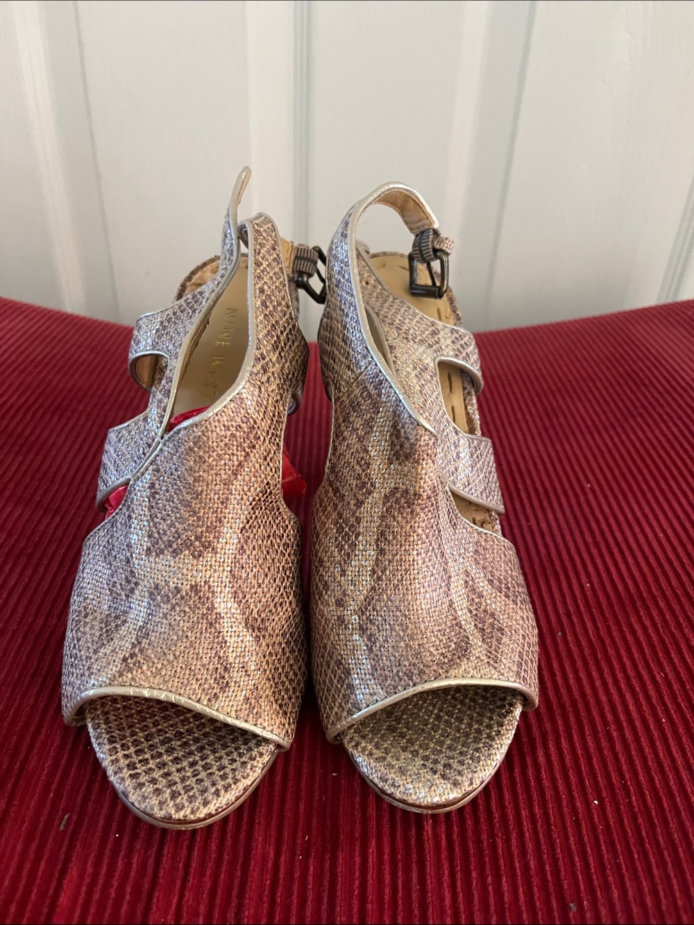 Nine West Women’s Taupe Snake-Print Open Toe Sandals - size 6